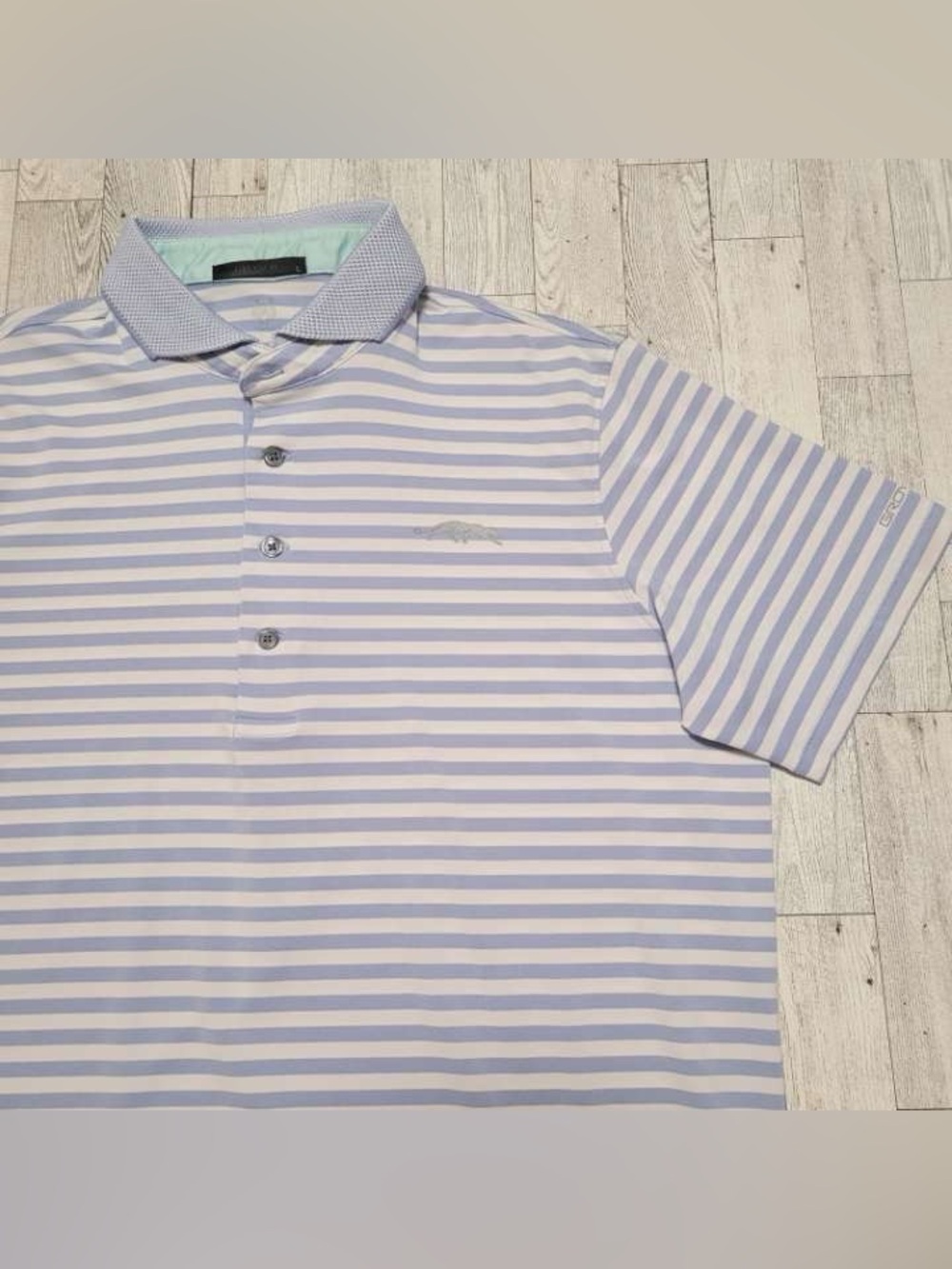 Greyson Wolf Performance Blue White Striped Athletic Golf Polo Shirt Men's L